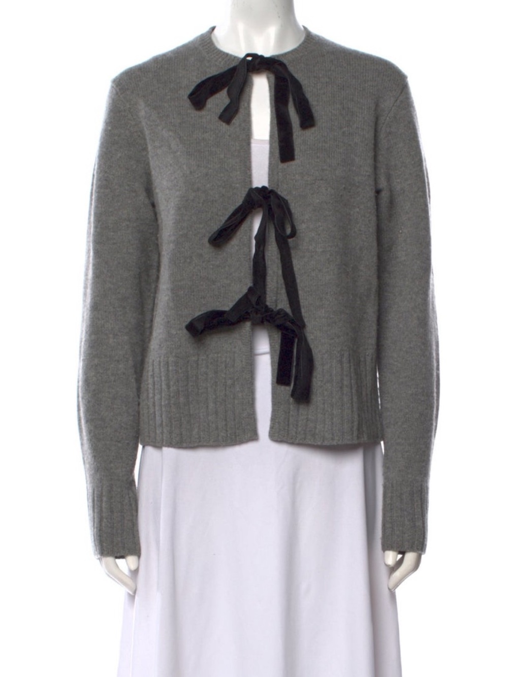 Reformation Grey Wool Cardigan with Black Velvet Tie Bows
